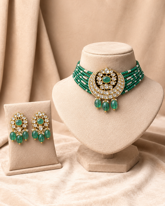 Emerald & Rose Pink Kundan Bridal Necklace Set