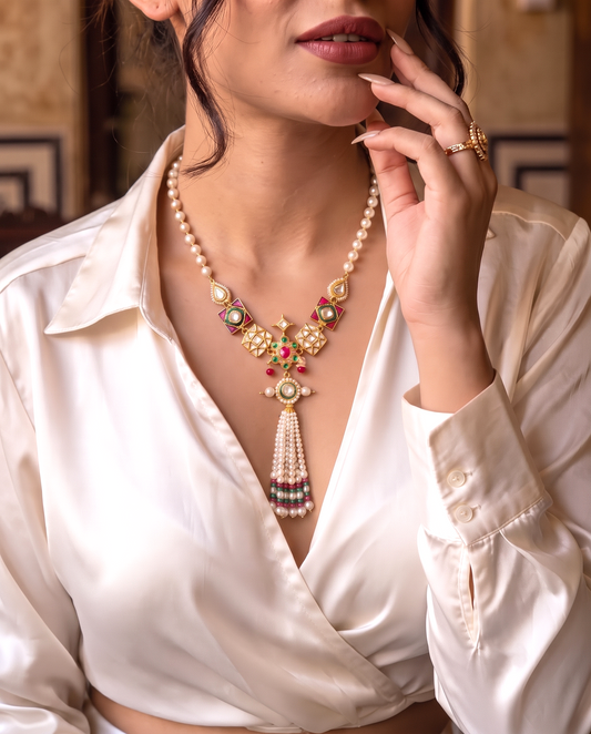 Tarini Pearl Lariat & Gemstone Tassel Necklace