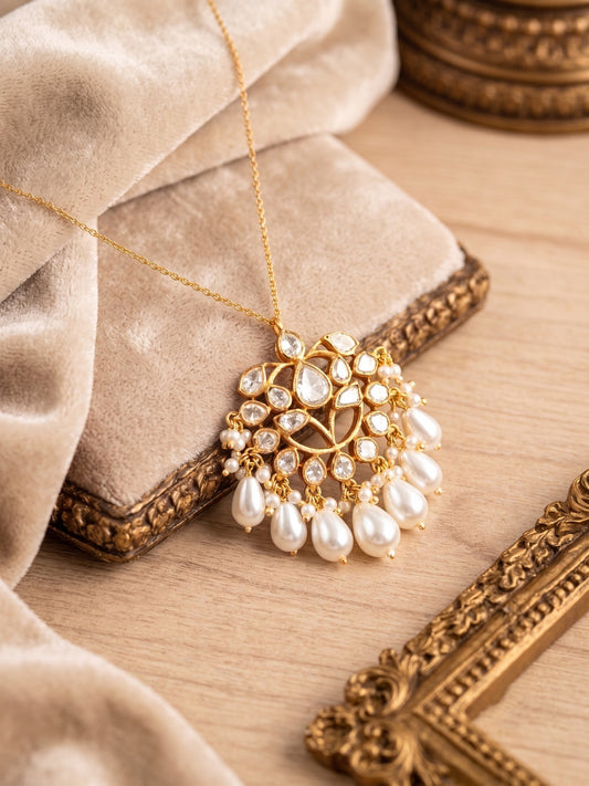 Suhana Floral Polki & Pearl Cascade Pendant