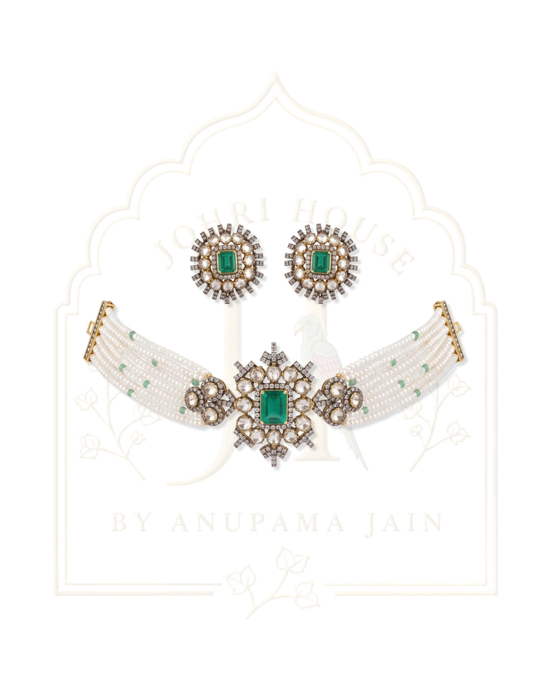 Multi-Strand Pearl & Emerald Floral Necklace Set