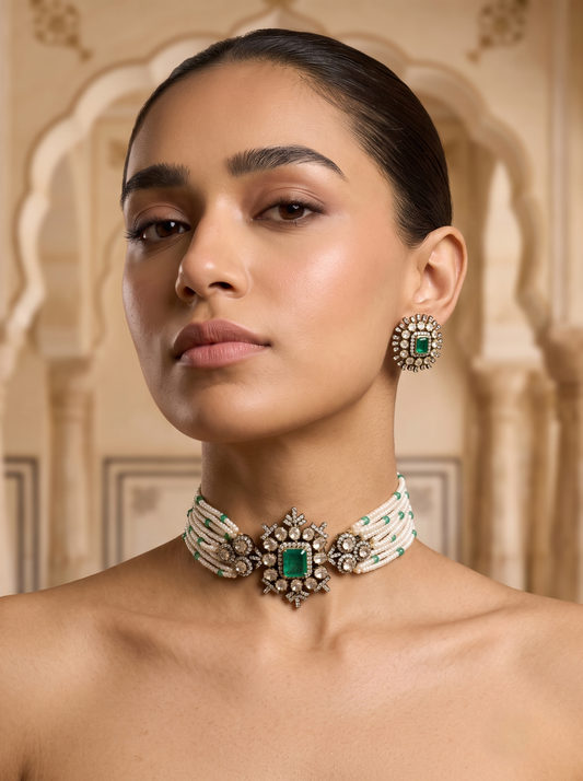 Multi-Strand Pearl & Emerald Floral Necklace Set