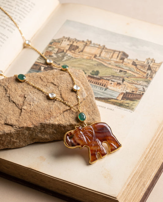 Gaja Hand-Carved Quartz Elephant & Polki Necklace