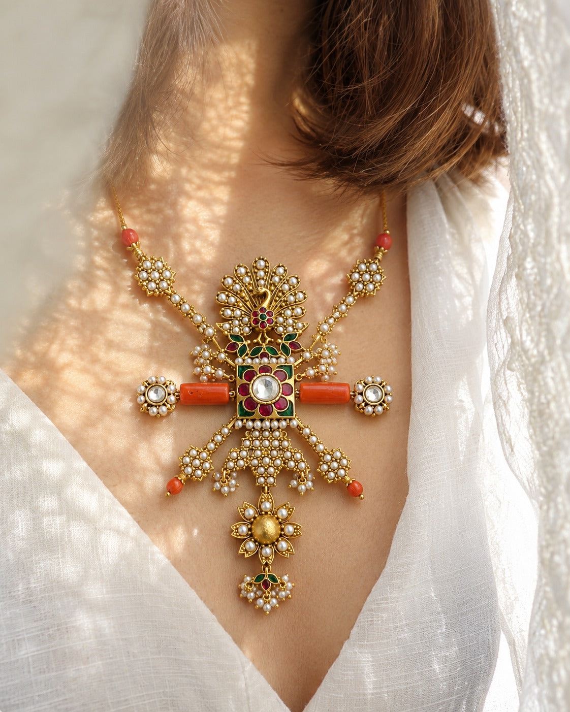 Mayura Coral & Basra Pearl Convertible Brooch Pendant