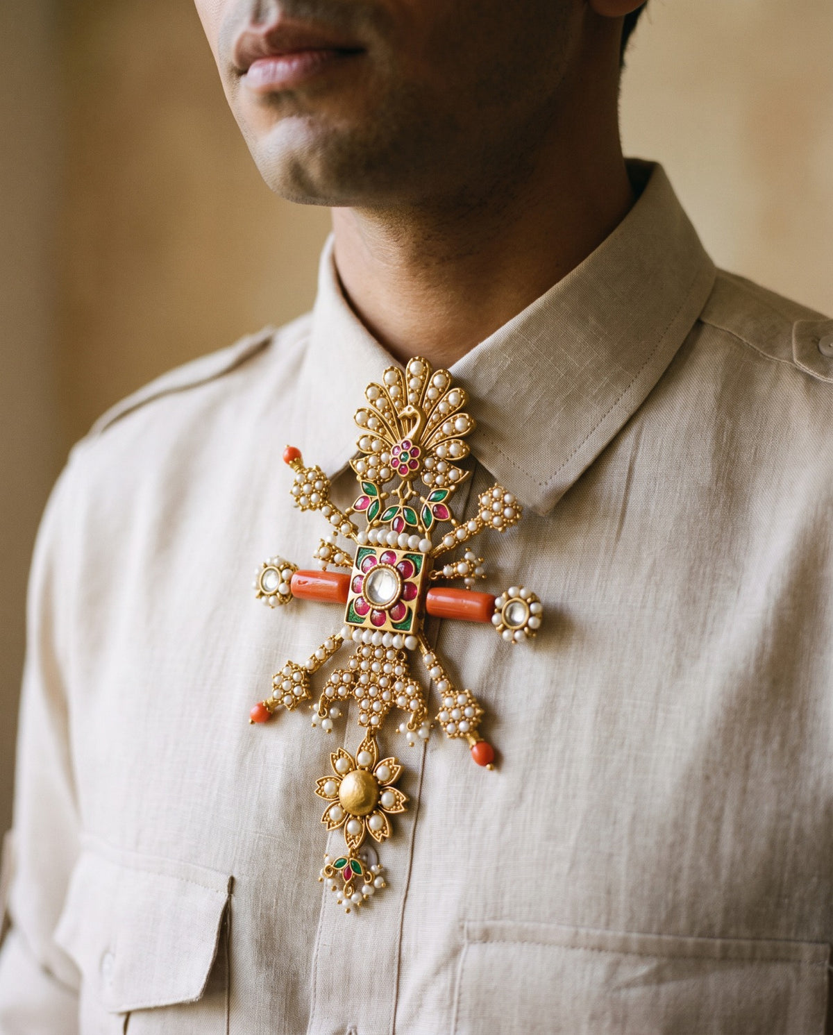 Mayura Coral & Basra Pearl Convertible Brooch Pendant