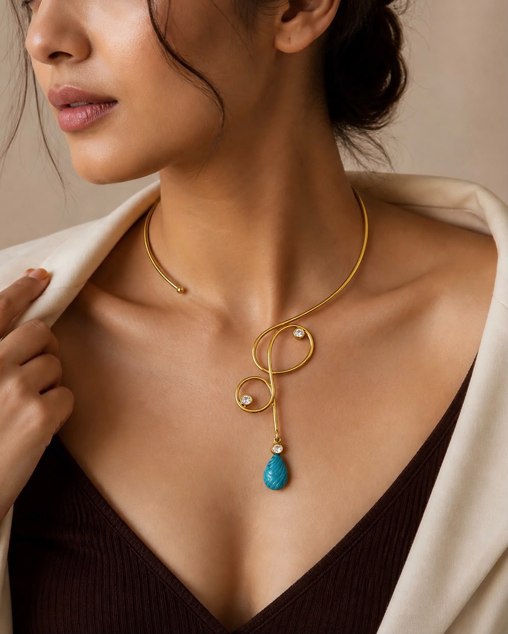 Firoza Sculptural Turquoise & Polki Open Collar