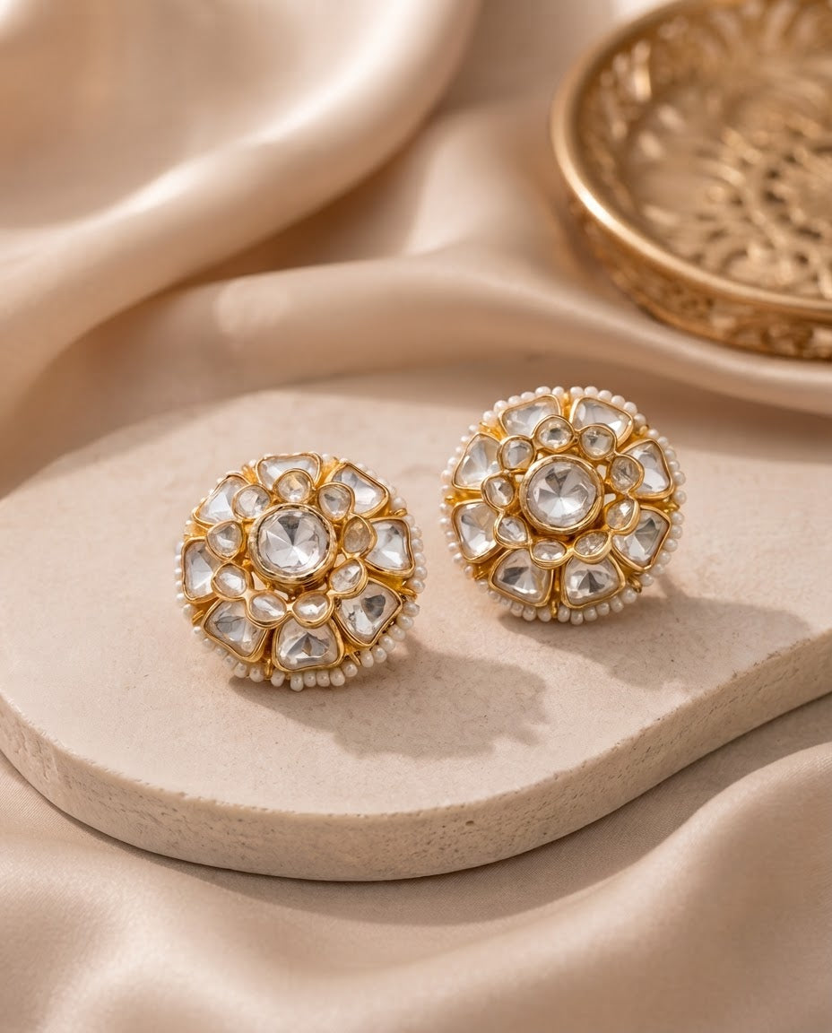 Pearl Polki Floral Stud Earrings