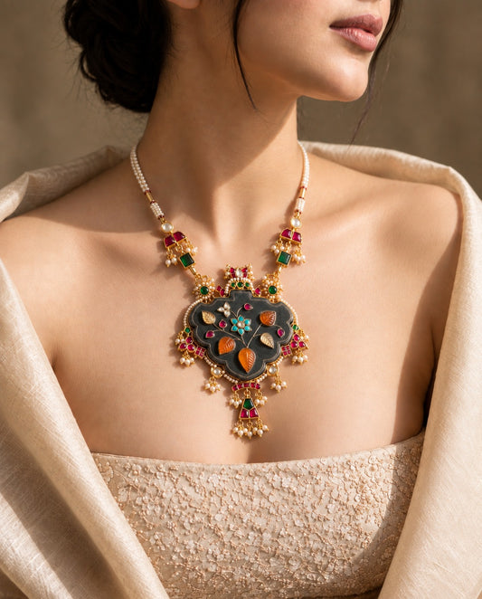 Parijat Carved Jade & Gemstone Heritage Pendant