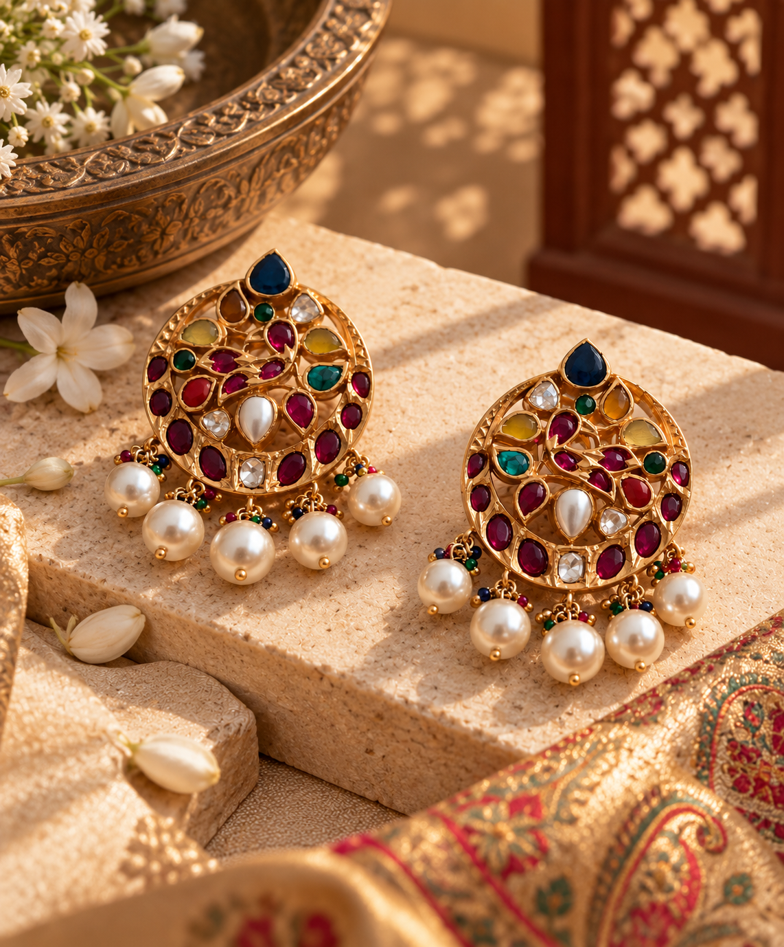 Navratan Pearl Statement Earrings